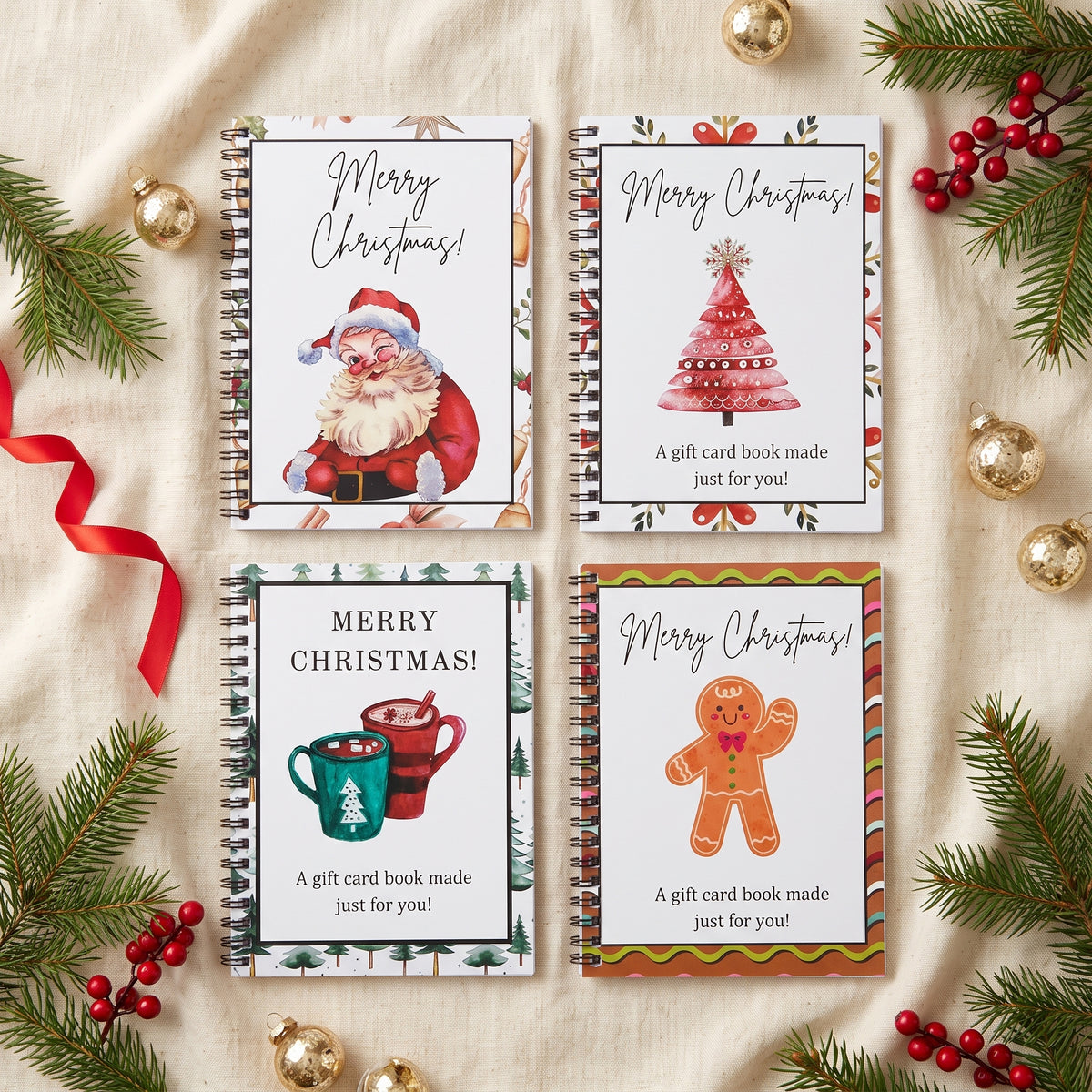 The four covers: Santa, Christmas Tree, Hot Cocoa, Gingerbread