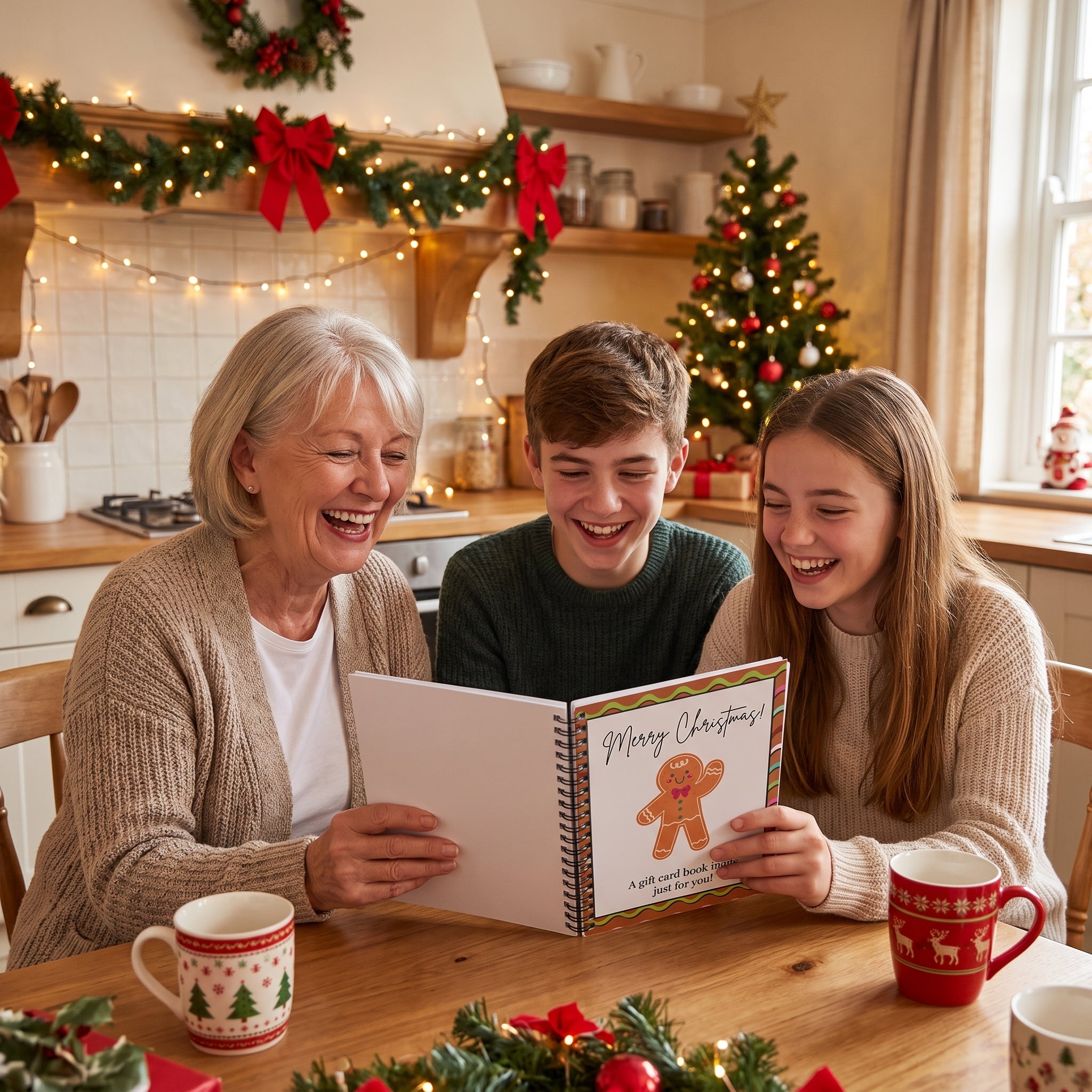 Grandmother and grandkids with the gift card book